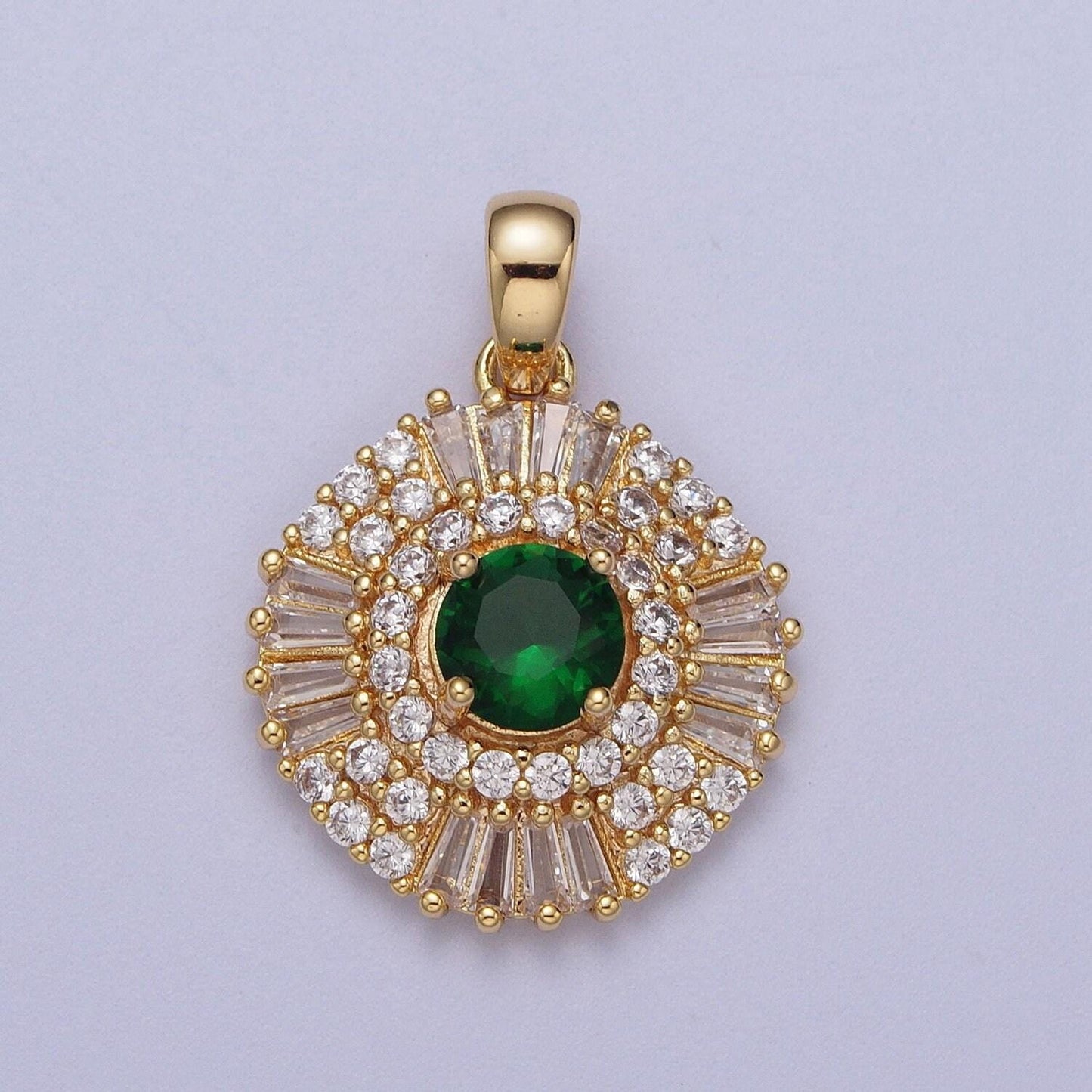 Elegant gold cz crystals circle pendant, 24k gold filled pink/clear/green diamond micro paved clear cz baguette stones round charm | x-693