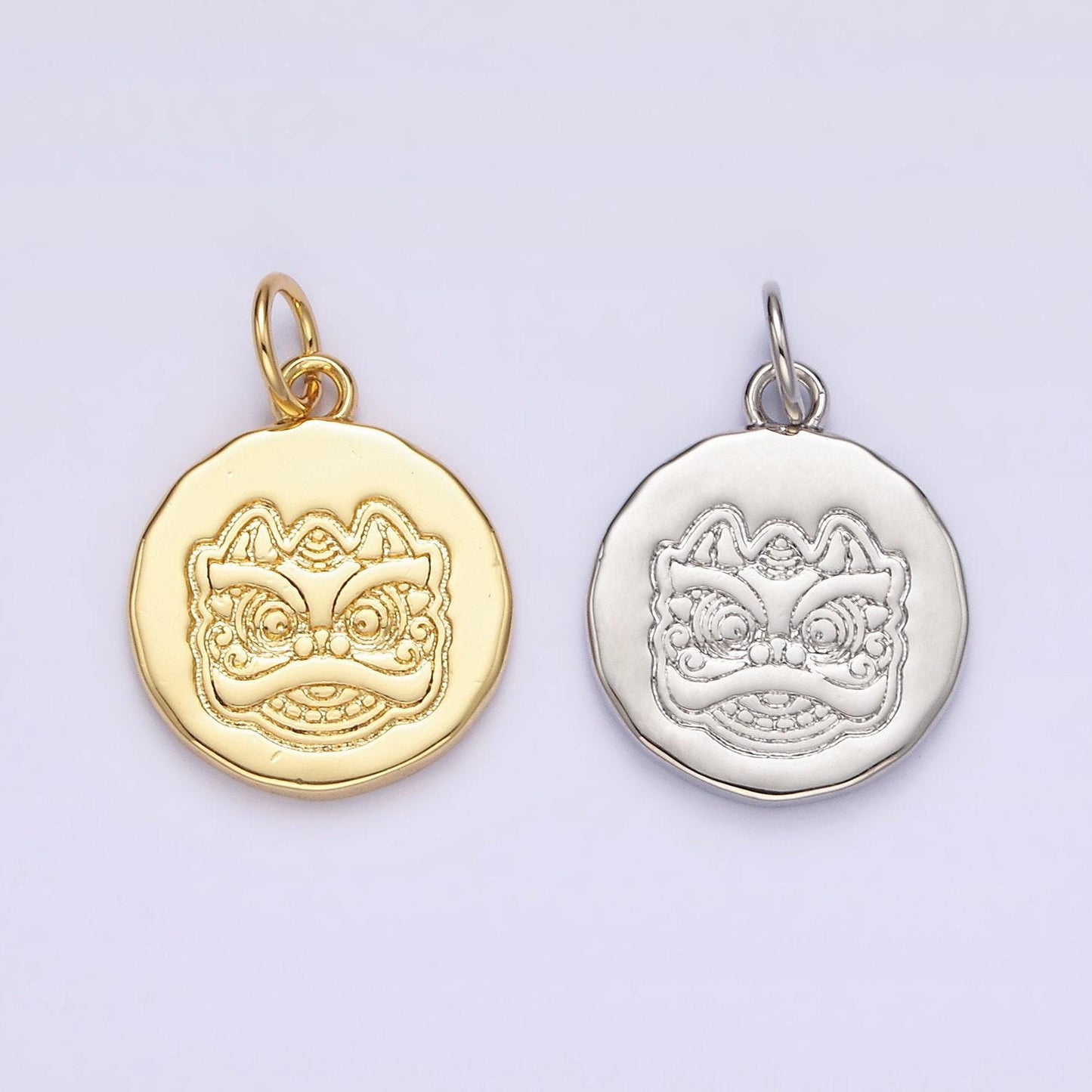 14k gold filled guardian lion engraved round charm in gold & silver chinese new year jewelry inspired | n1515 n1516