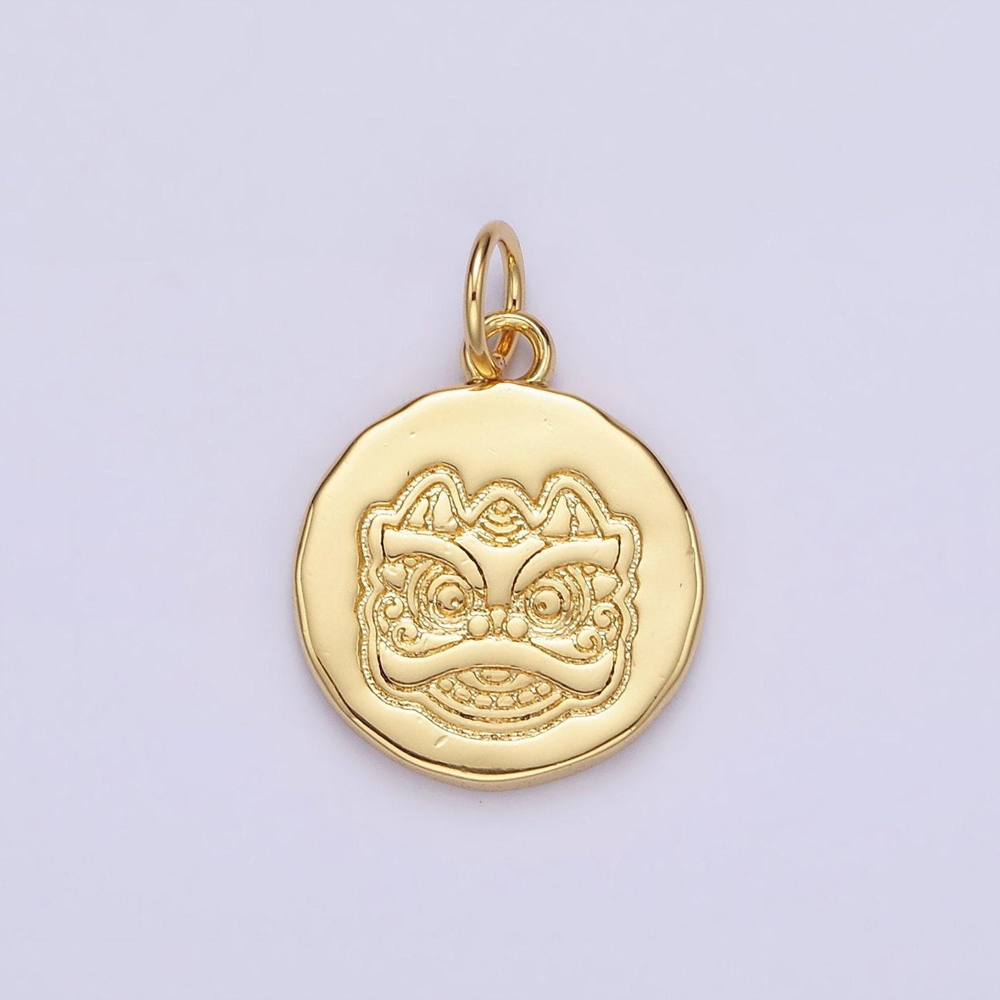 14k gold filled guardian lion engraved round charm in gold & silver chinese new year jewelry inspired | n1515 n1516