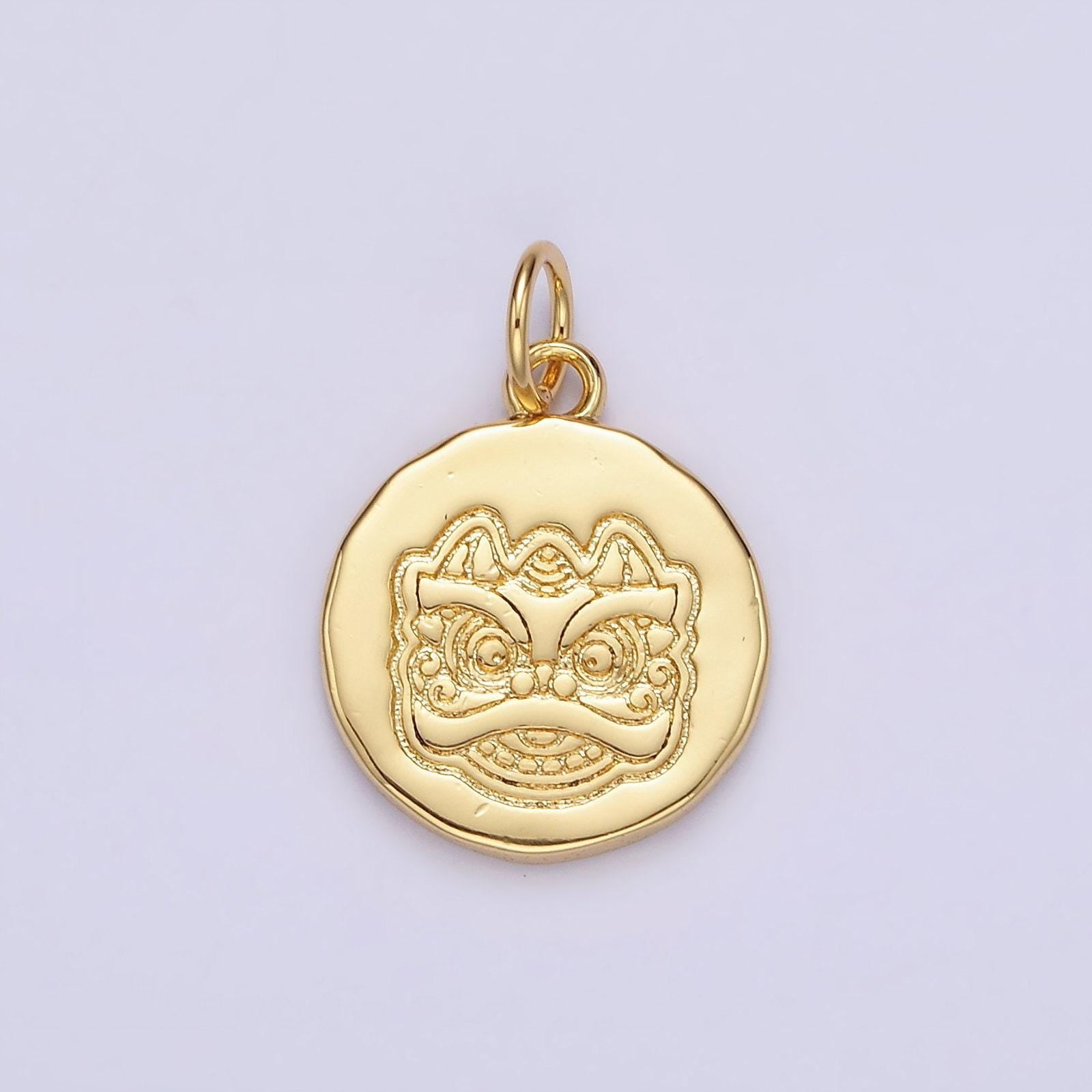 14k gold filled guardian lion engraved round charm in gold & silver chinese new year jewelry inspired | n1515 n1516