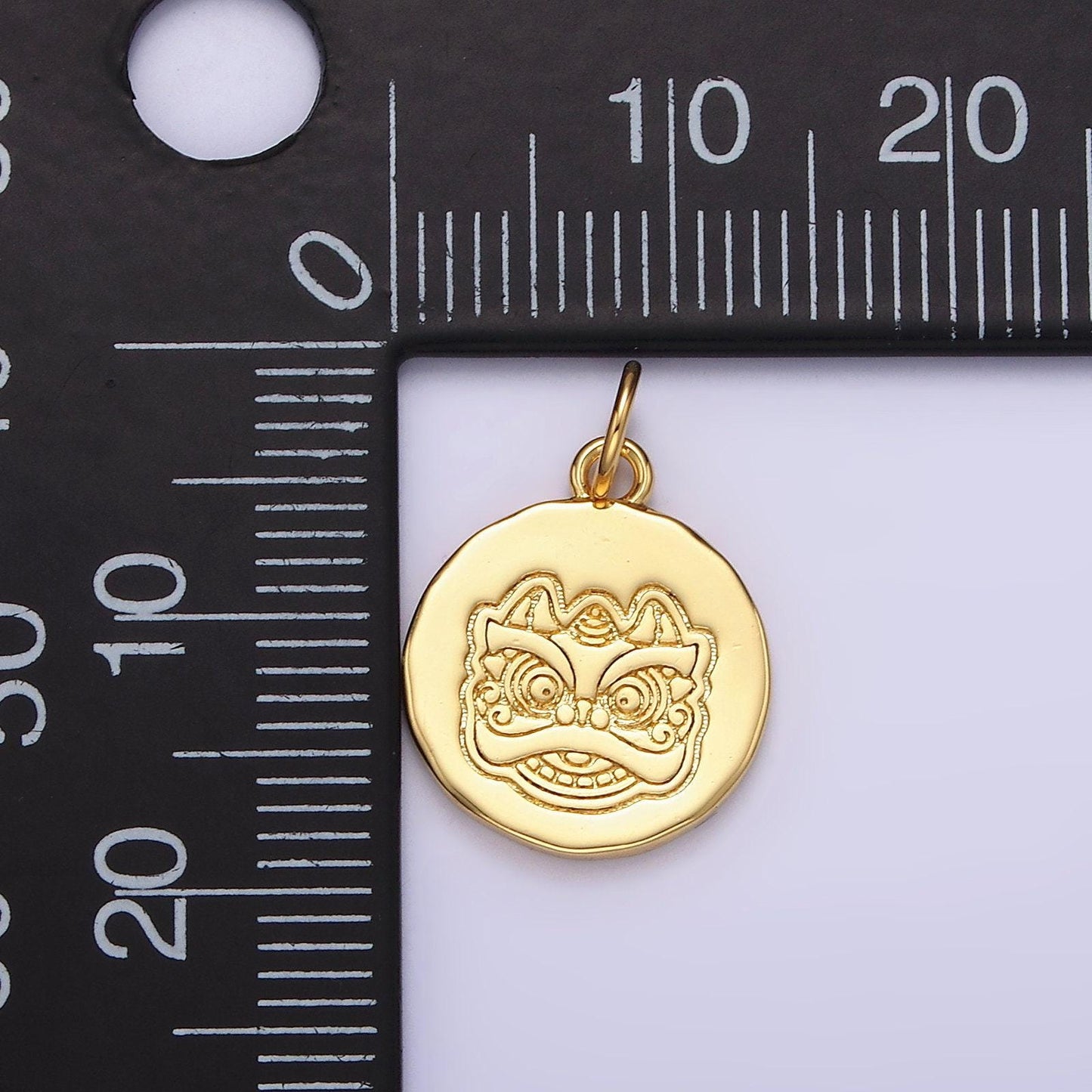 14k gold filled guardian lion engraved round charm in gold & silver chinese new year jewelry inspired | n1515 n1516