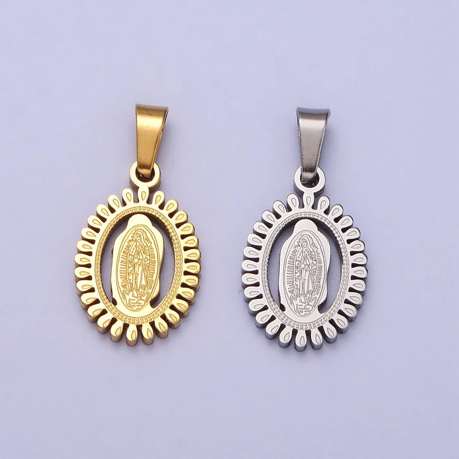 Dainty virgin mother mary miraculous medal stainless steel oval pendant charm 22.7x11.3mm religious charm oval medallion catholic charm j639