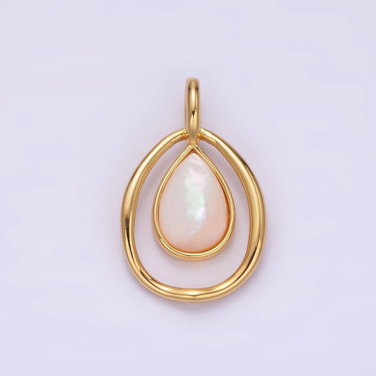 14k gold filled shell pearl teardrop double bezel open pendant | n1804
