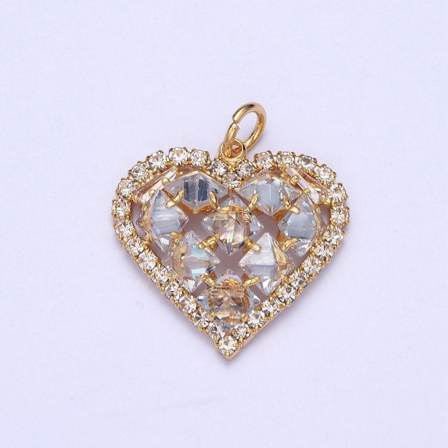 24k gold filled dainty gold heart w. clear baguette cz charm, love pendant micro pave cubic zirconia cz stone diamond edges | x-194