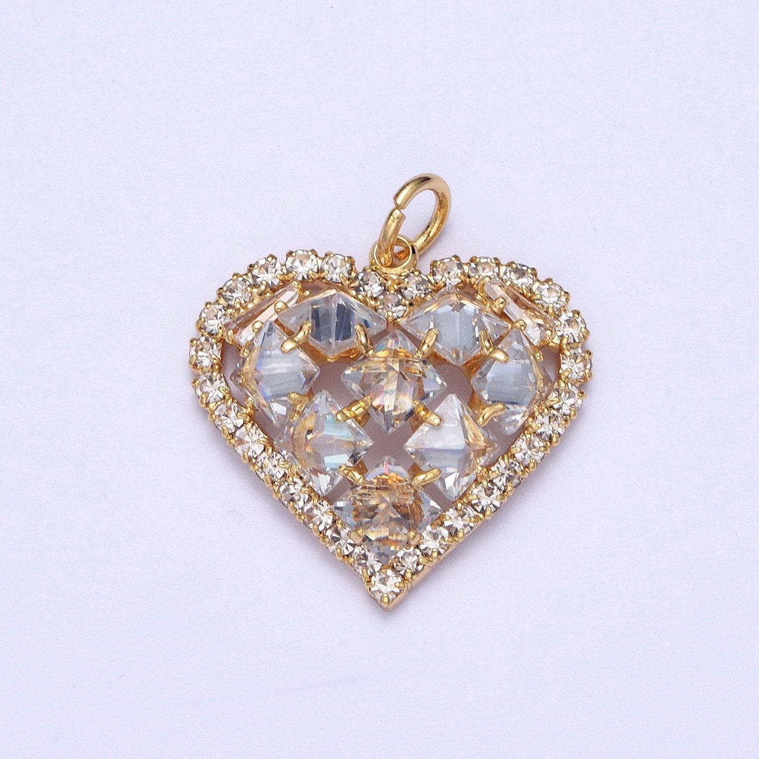 24k gold filled dainty gold heart w. clear baguette cz charm, love pendant micro pave cubic zirconia cz stone diamond edges | x-194