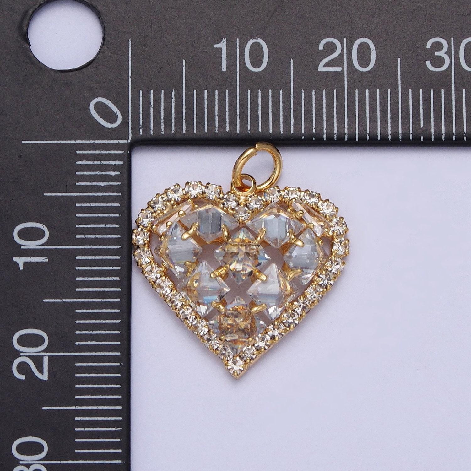 24k gold filled dainty gold heart w. clear baguette cz charm, love pendant micro pave cubic zirconia cz stone diamond edges | x-194
