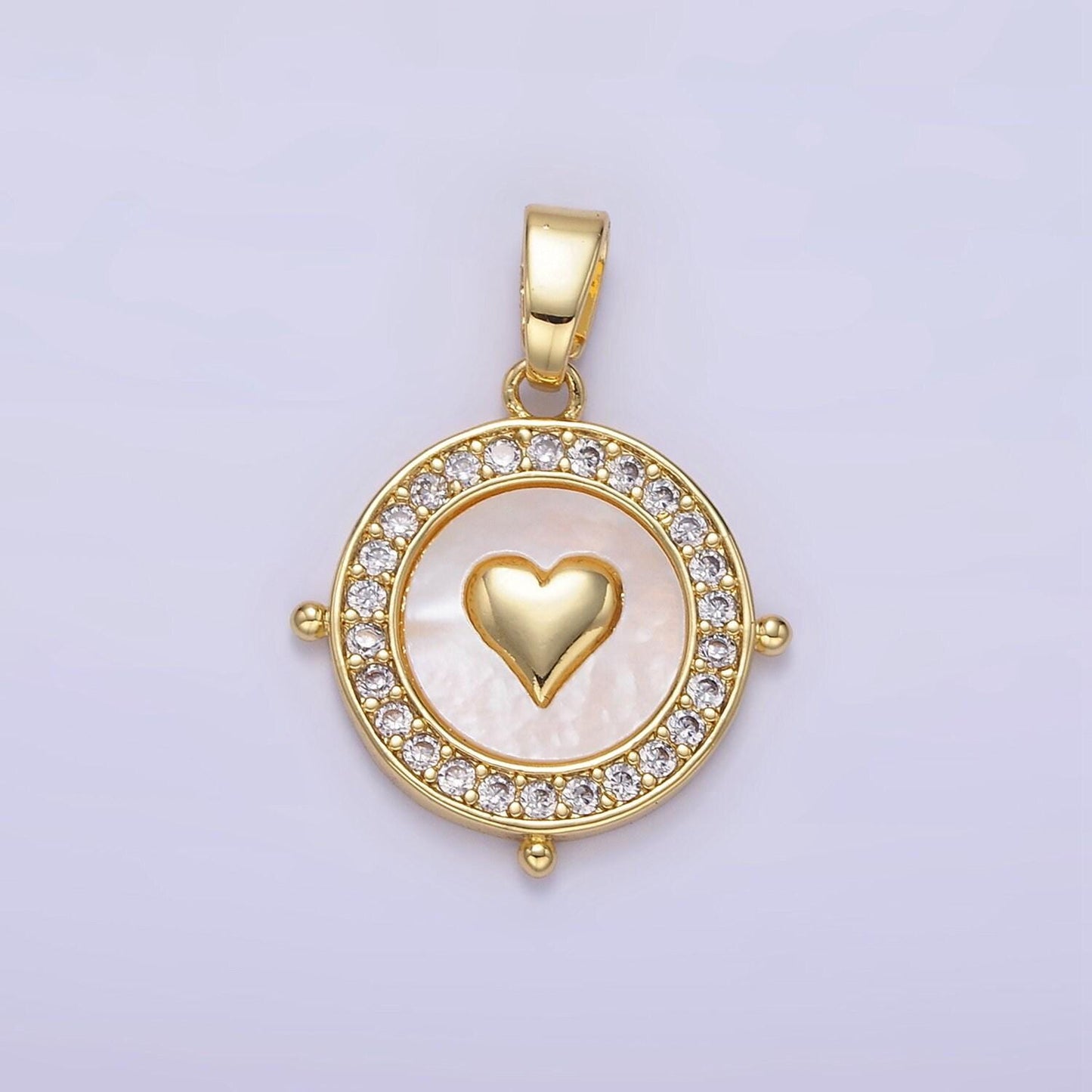 24k gold filled mini heart charm dainty round coin micro paved cz shell pearl pendant | aa1334