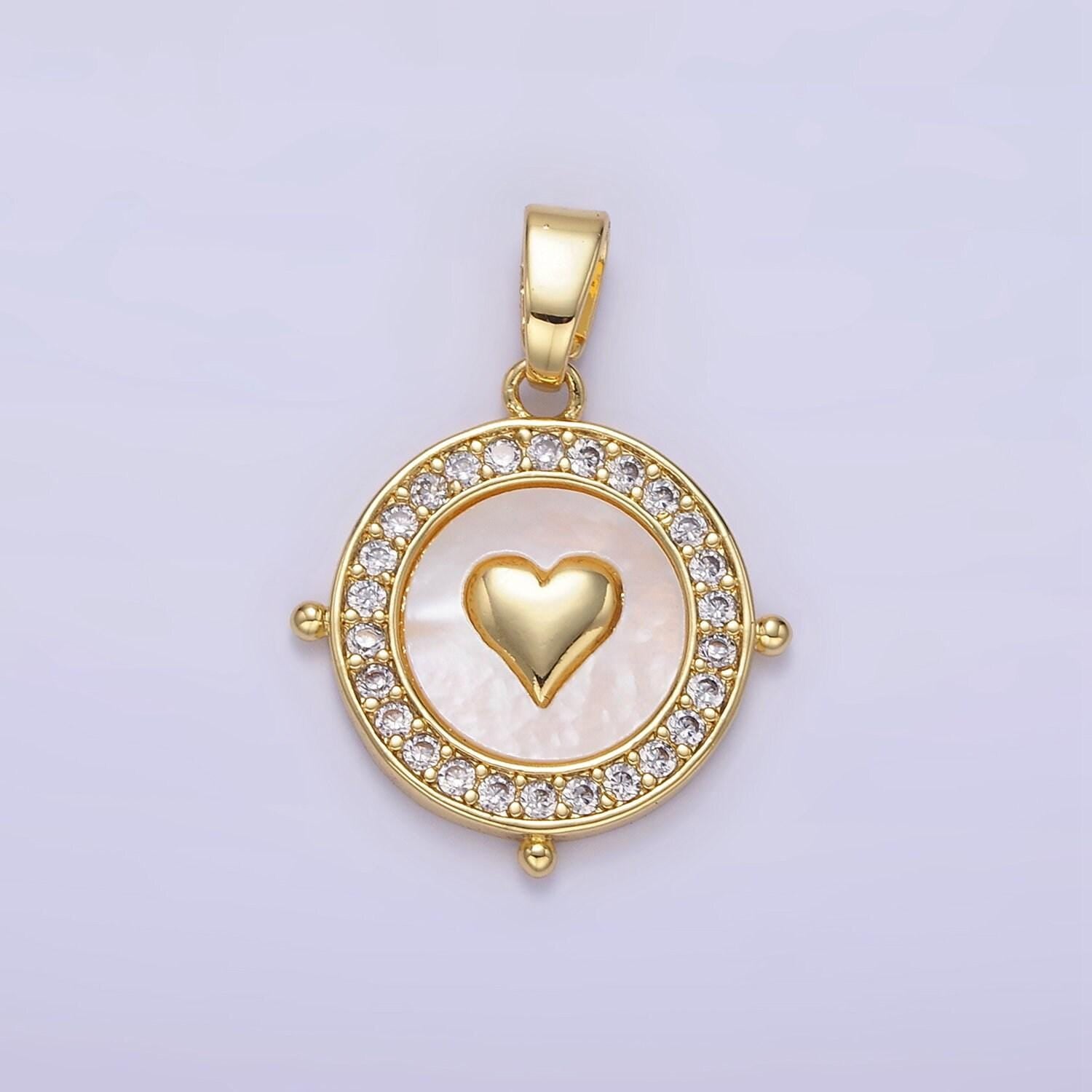 24k gold filled mini heart charm dainty round coin micro paved cz shell pearl pendant | aa1334