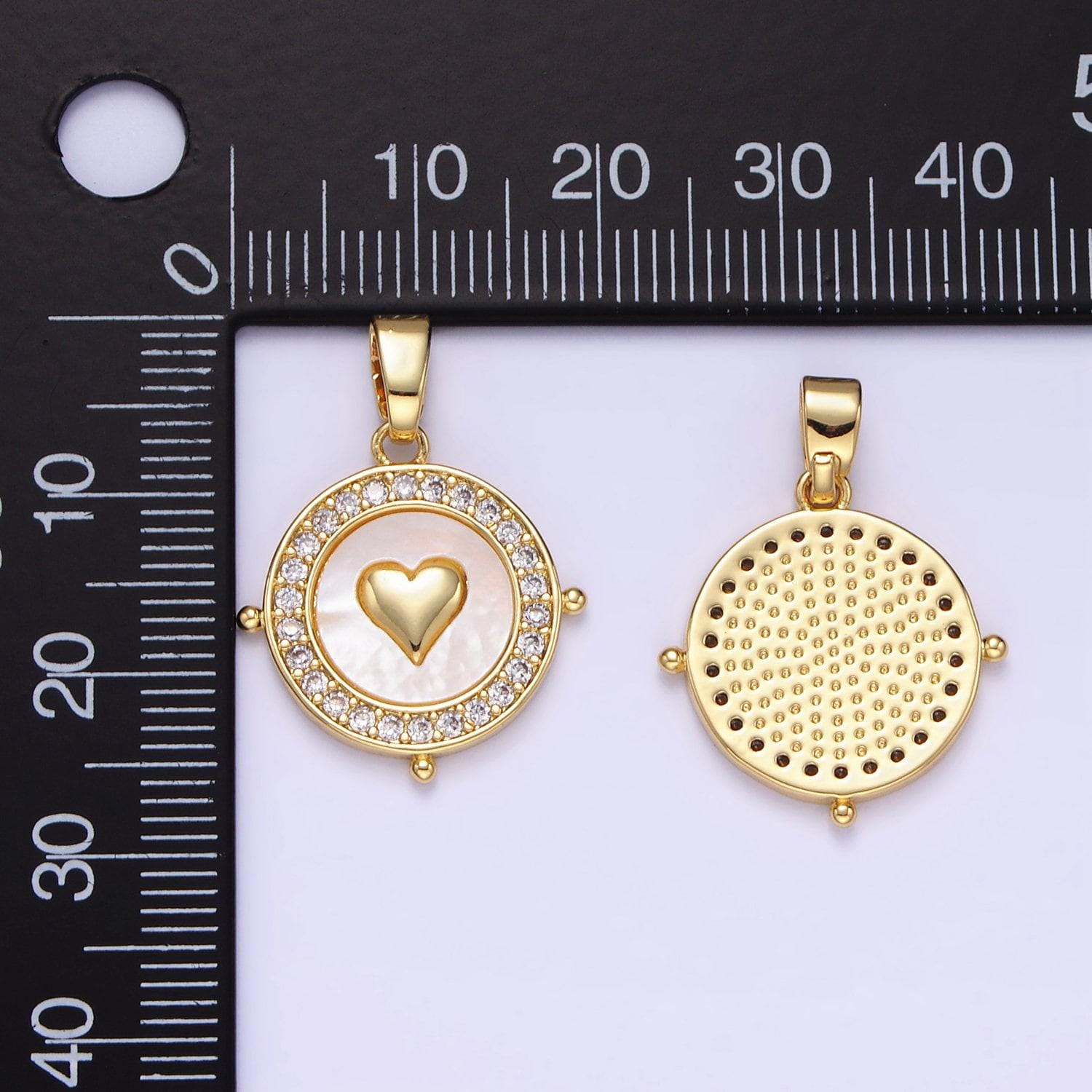24k gold filled mini heart charm dainty round coin micro paved cz shell pearl pendant | aa1334