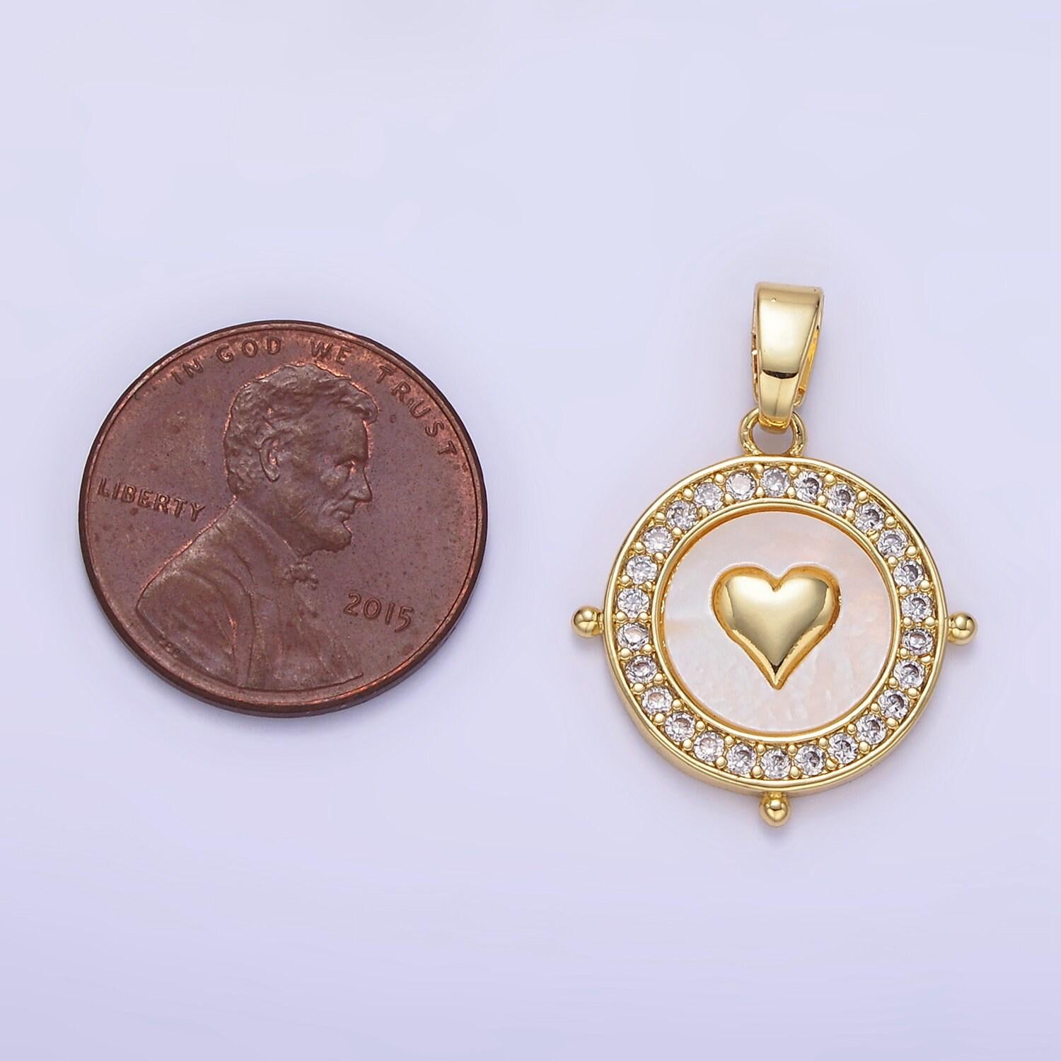 24k gold filled mini heart charm dainty round coin micro paved cz shell pearl pendant | aa1334