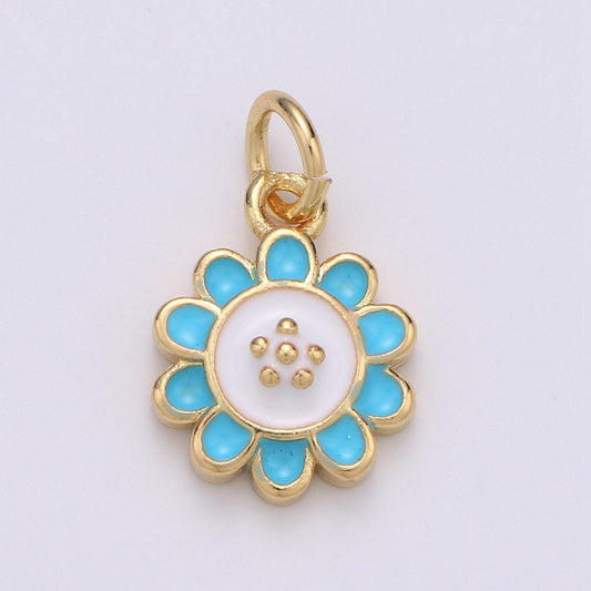 Gold enamel sunflower charm, gold daisy charm 11x8mm - mini flower charm dainty blue petal charm for bracelet earring necklace, chgf-1961
