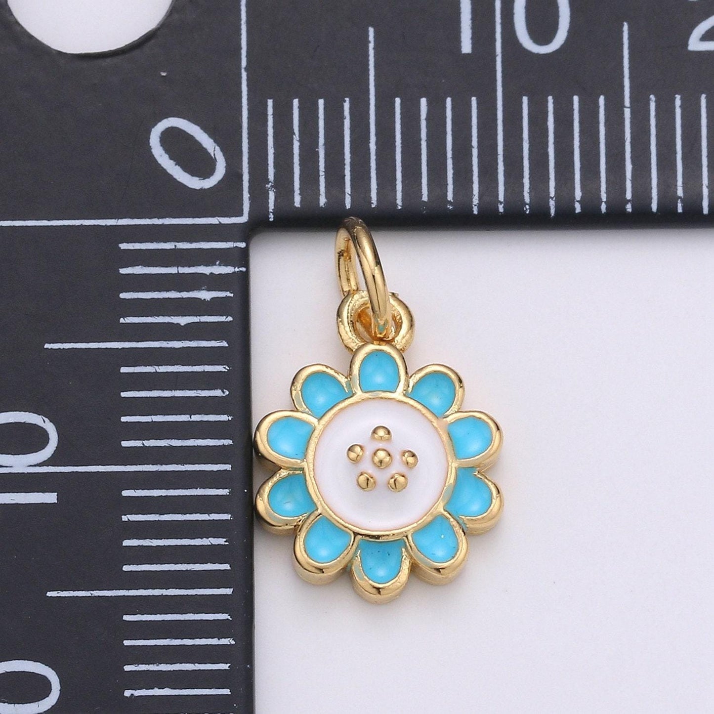 Gold enamel sunflower charm, gold daisy charm 11x8mm - mini flower charm dainty blue petal charm for bracelet earring necklace, chgf-1961