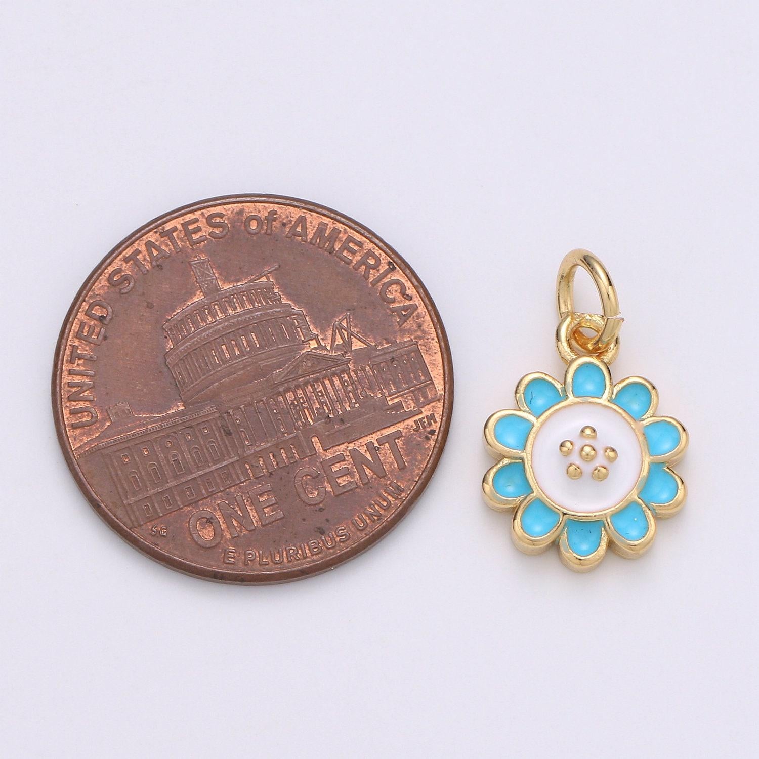 Gold enamel sunflower charm, gold daisy charm 11x8mm - mini flower charm dainty blue petal charm for bracelet earring necklace, chgf-1961
