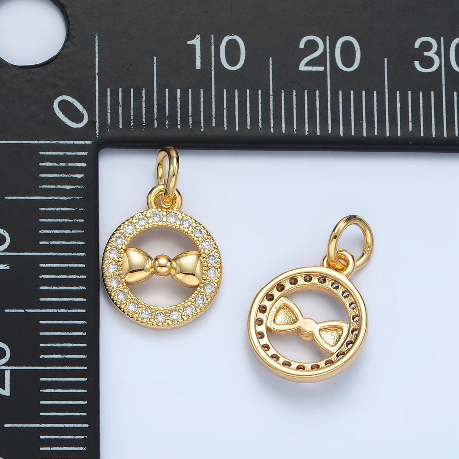 Mini gold filled bow in open round pendant micro paved cz | x-295