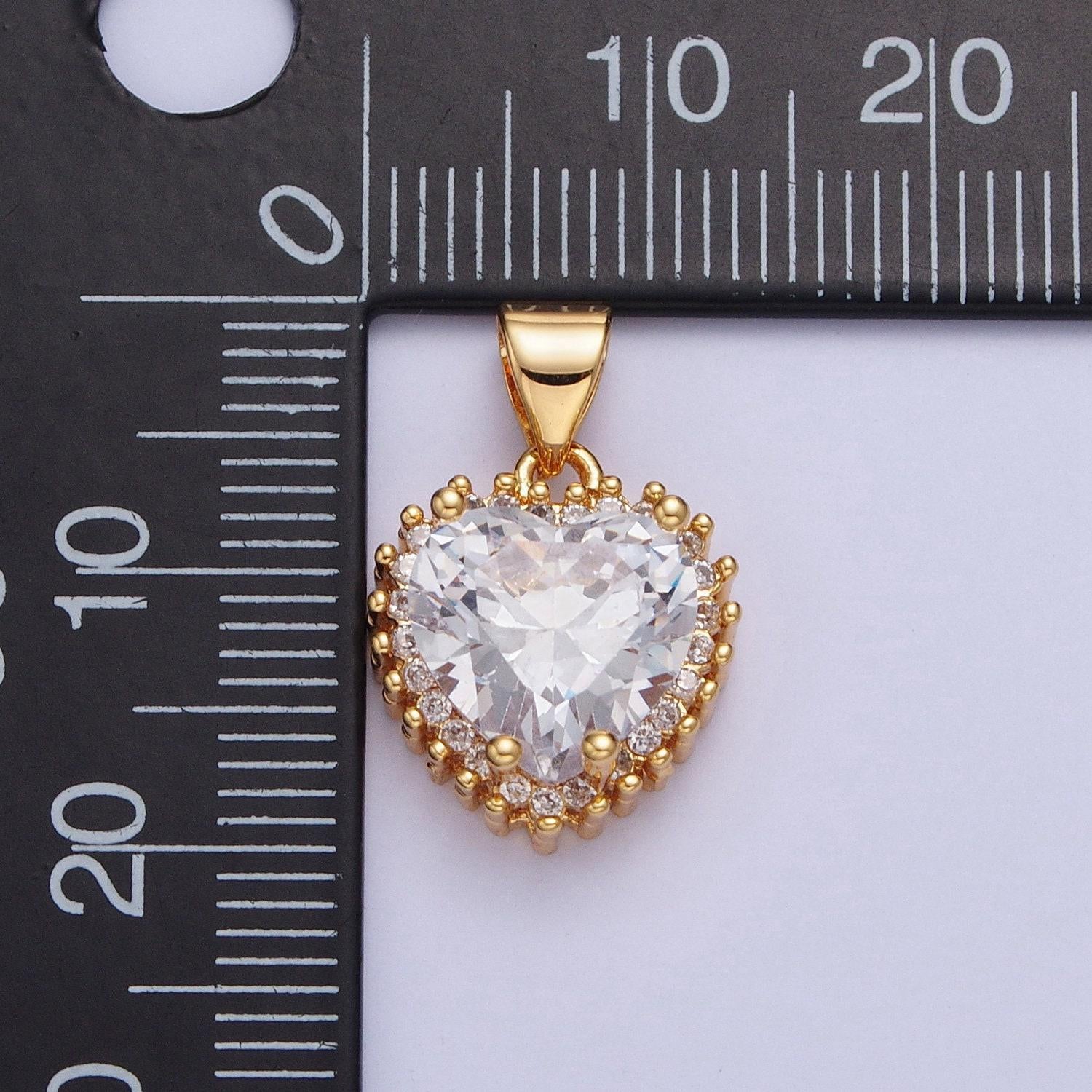 24k gold filled mini heart diamond cz clear stone pendant, beaded texture edges, charm dainty crystal cz stone for necklace bracelet | x-445