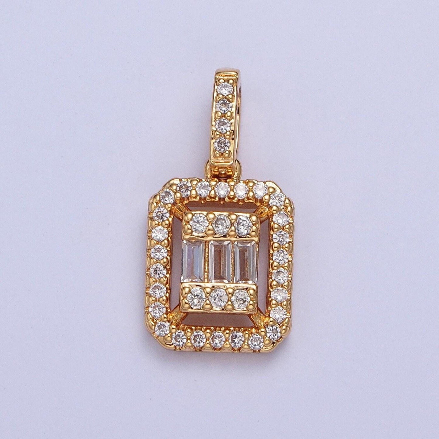 24k gold filled rectangular w. micro pave cubic zirconia cz baguette stones pendant, dainty rectangle baguette cz charm for necklace | x-455