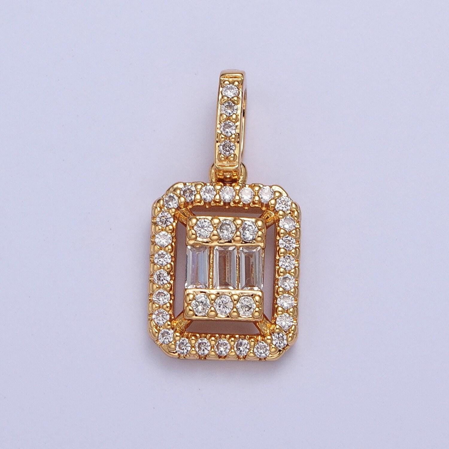 24k gold filled rectangular w. micro pave cubic zirconia cz baguette stones pendant, dainty rectangle baguette cz charm for necklace | x-455