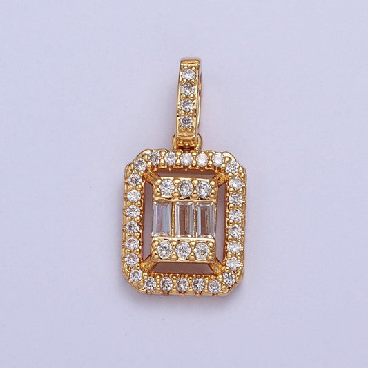 24k gold filled rectangular w. micro pave cubic zirconia cz baguette stones pendant, dainty rectangle baguette cz charm for necklace | x-455