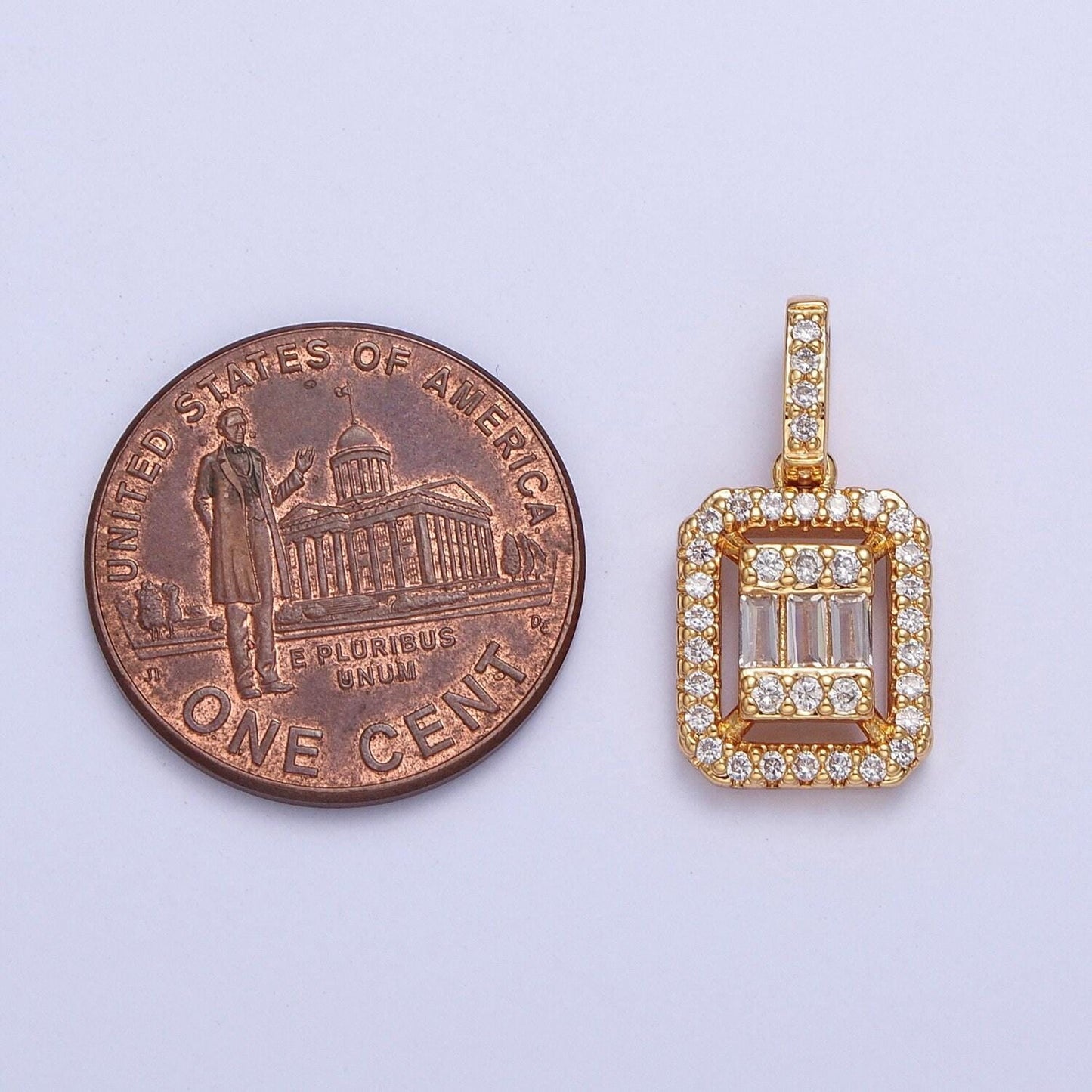 24k gold filled rectangular w. micro pave cubic zirconia cz baguette stones pendant, dainty rectangle baguette cz charm for necklace | x-455