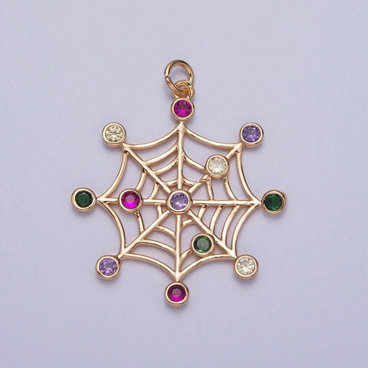 16k gold spider web micro pave colorful cz stone pendant, spiderweb colored stones charm for necklace earring bracelet | x-215