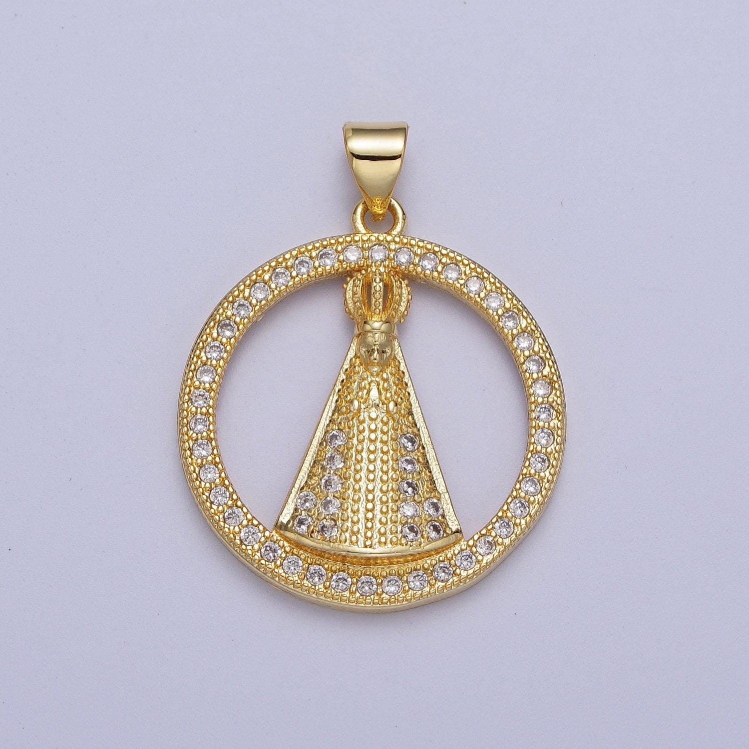 Gold cz religious nossa senhora aparecida hollow circular pendant, 24k gold filled clear micro paved cz religious round charm | h-654
