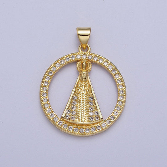 Gold cz religious nossa senhora aparecida hollow circular pendant, 24k gold filled clear micro paved cz religious round charm | h-654