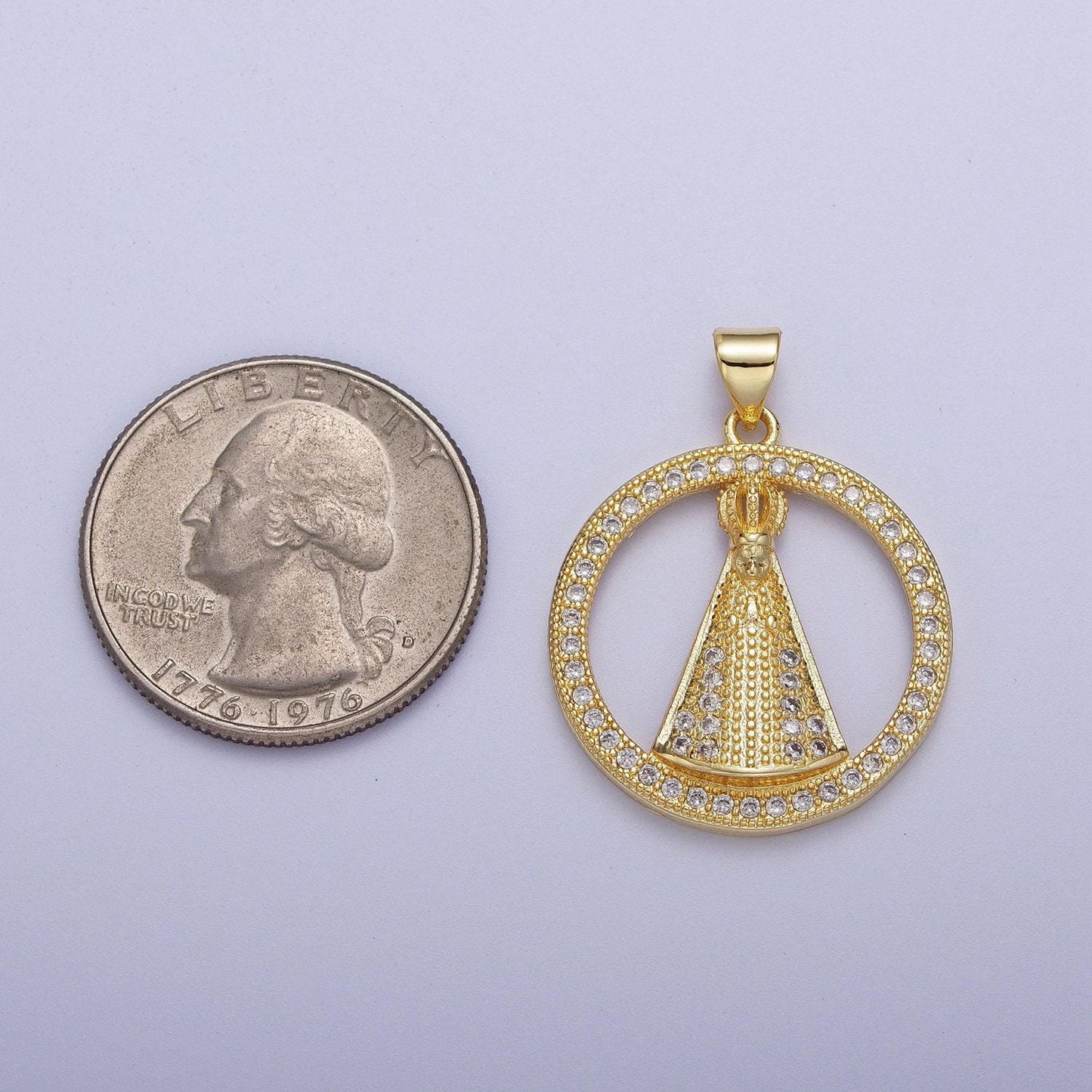 Gold cz religious nossa senhora aparecida hollow circular pendant, 24k gold filled clear micro paved cz religious round charm | h-654