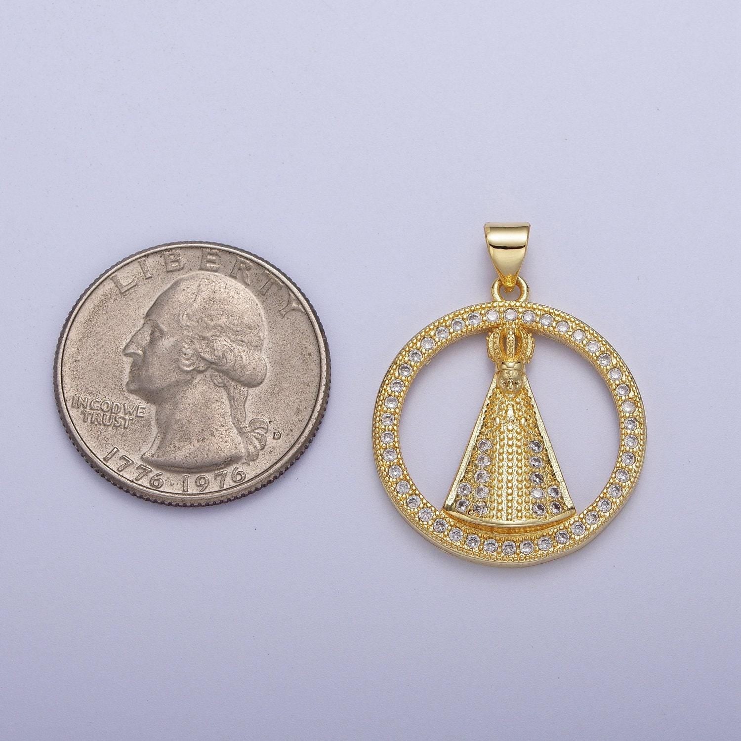 Gold cz religious nossa senhora aparecida hollow circular pendant, 24k gold filled clear micro paved cz religious round charm | h-654