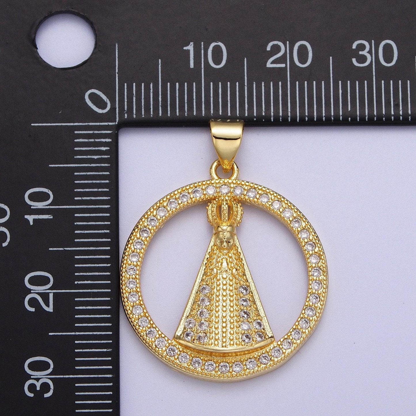 Gold cz religious nossa senhora aparecida hollow circular pendant, 24k gold filled clear micro paved cz religious round charm | h-654
