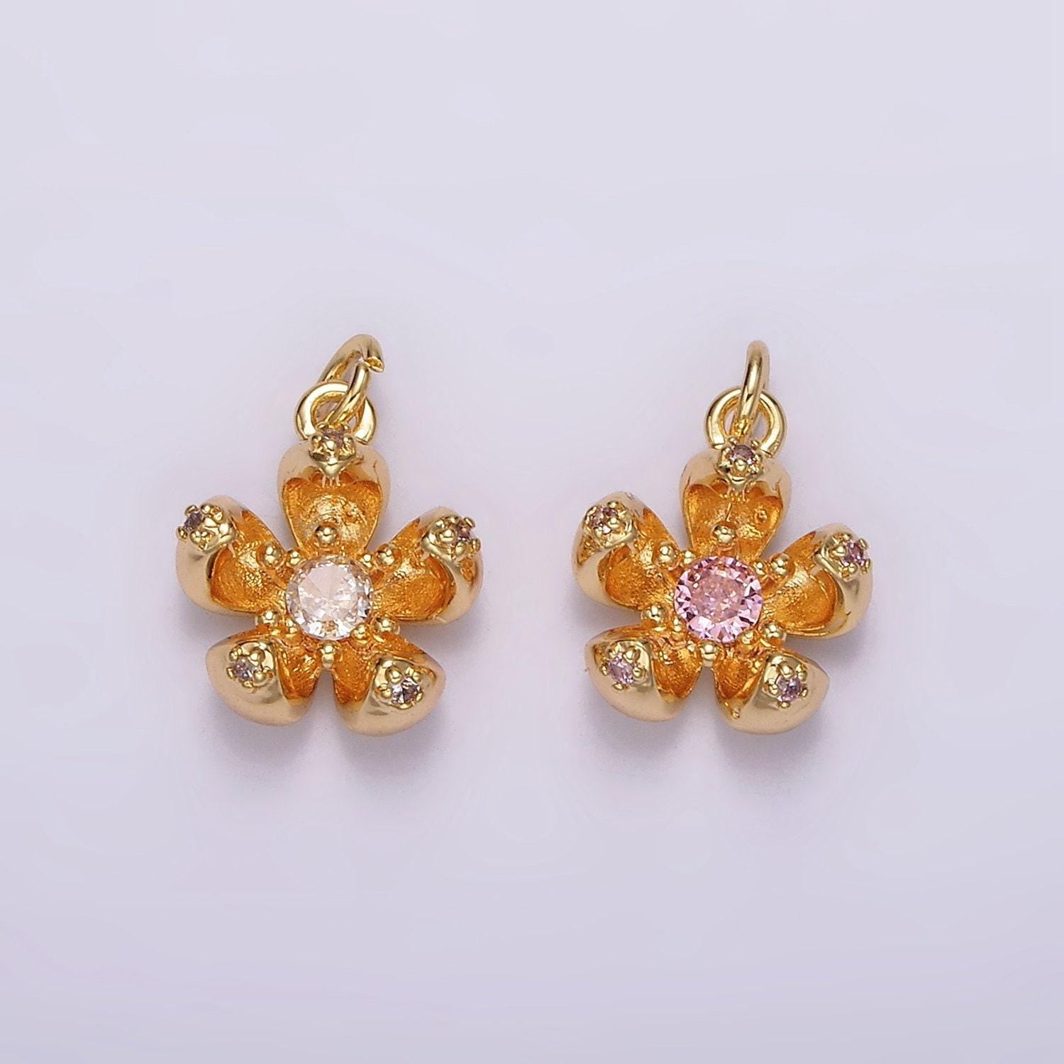 24k gold filled clear, pink cz flower charm | ag547 ag548