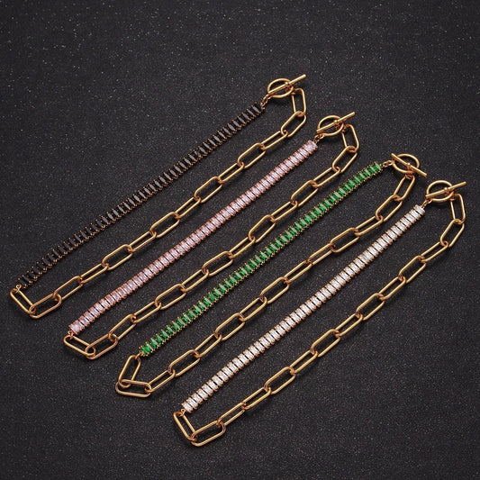 Half baguette tennis chain cz half paperclip gold filled chain necklace with toggle clasps, 15 inch fusion choker necklace, wa-945