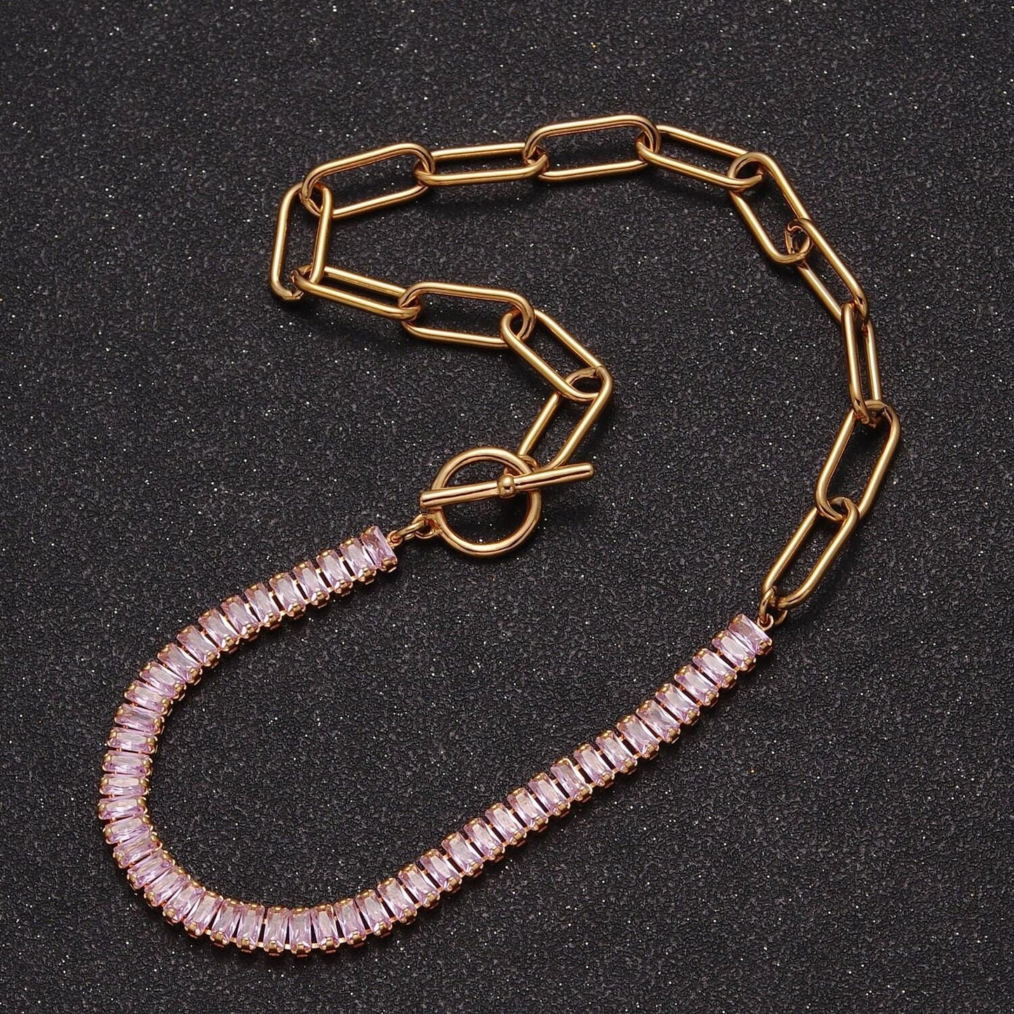 Half baguette tennis chain cz half paperclip gold filled chain necklace with toggle clasps, 15 inch fusion choker necklace, wa-945