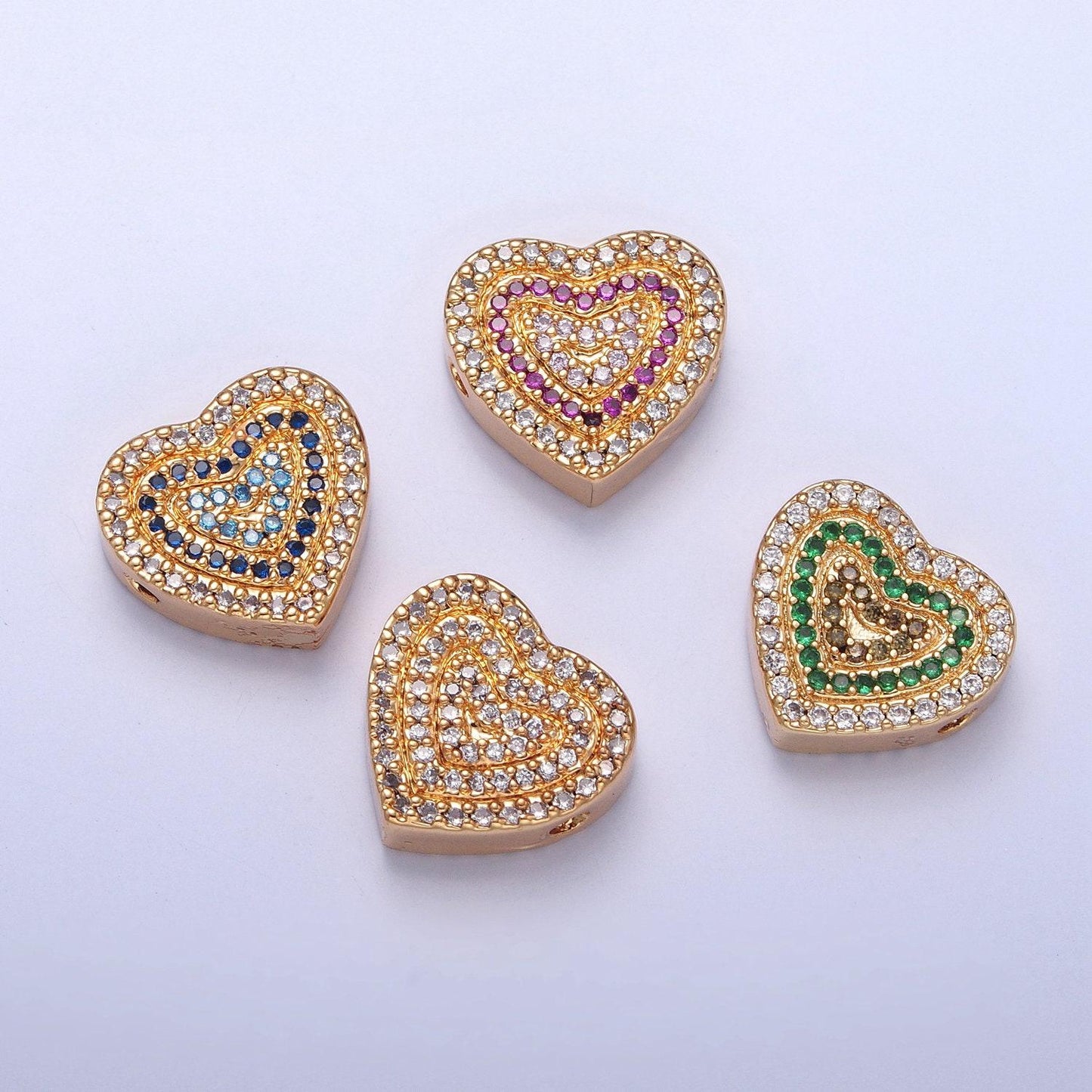 14k gold filled micro pave cubic zirconia heart spacer bead, multicolor cubic zirconia cz valentine love jewelry making component w-898
