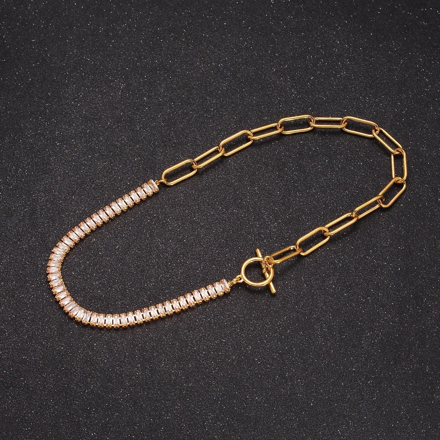 Half baguette tennis chain cz half paperclip gold filled chain necklace with toggle clasps, 15 inch fusion choker necklace, wa-945