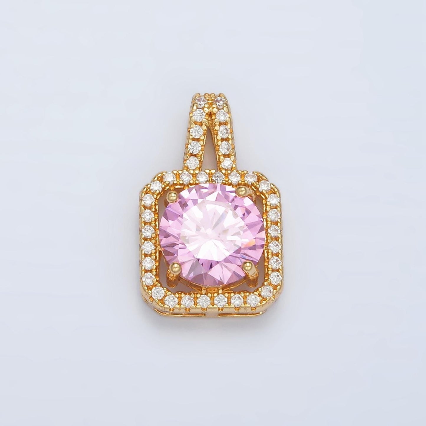 Cubic pink 24k gold filled solitaire micro pave pendant, large pink diamond solitaire cz stone pendant j539