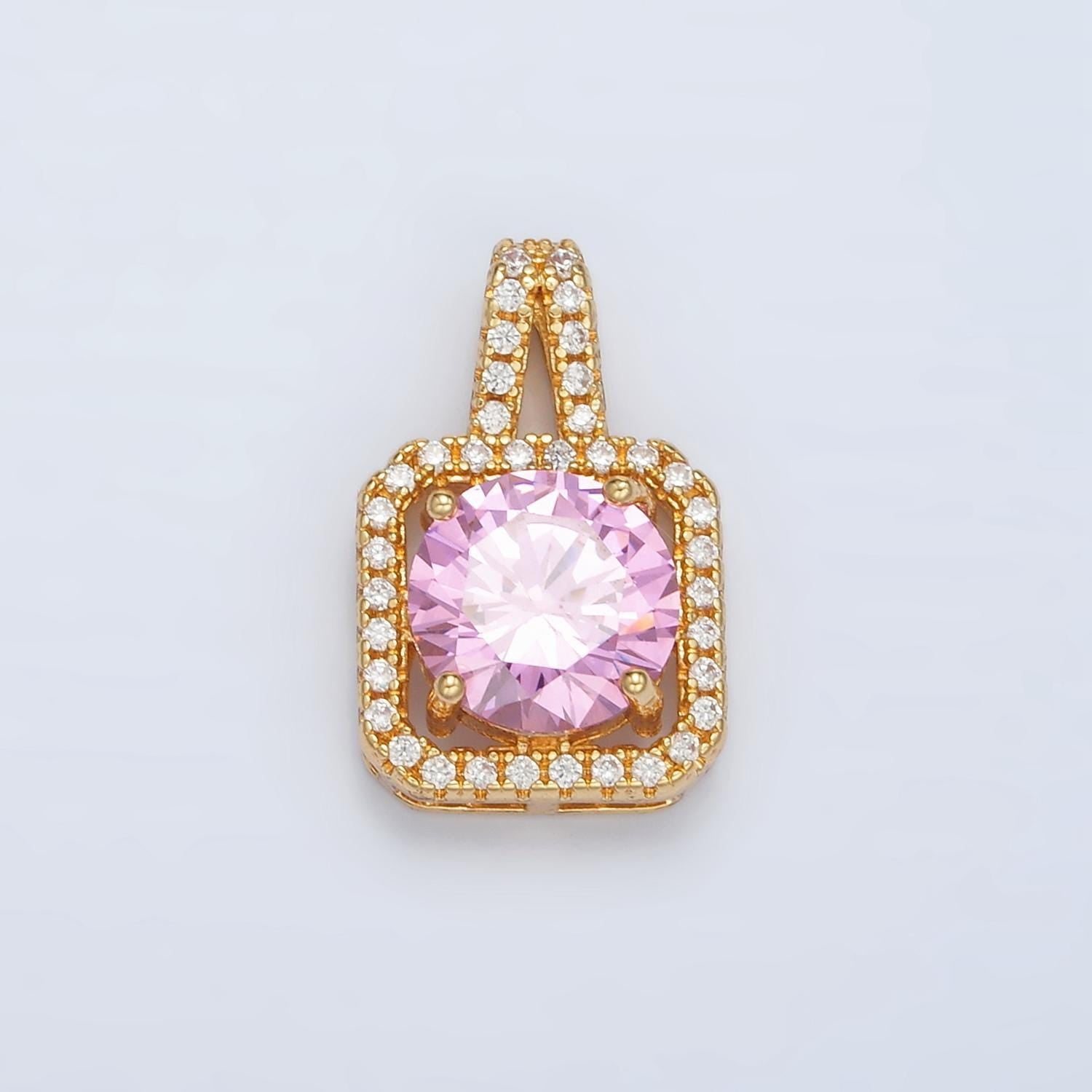 Cubic pink 24k gold filled solitaire micro pave pendant, large pink diamond solitaire cz stone pendant j539