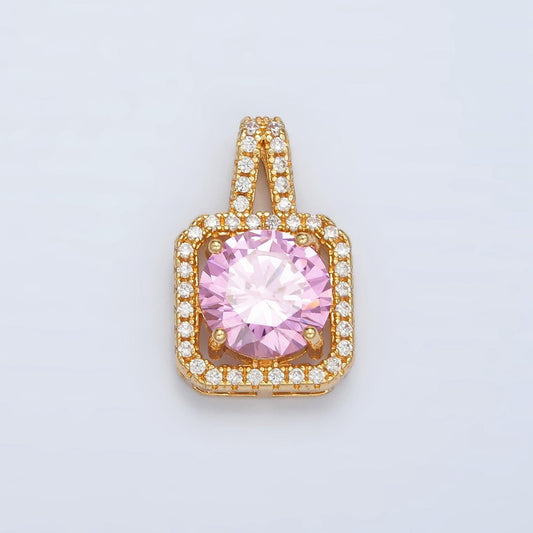 Cubic pink 24k gold filled solitaire micro pave pendant, large pink diamond solitaire cz stone pendant j539