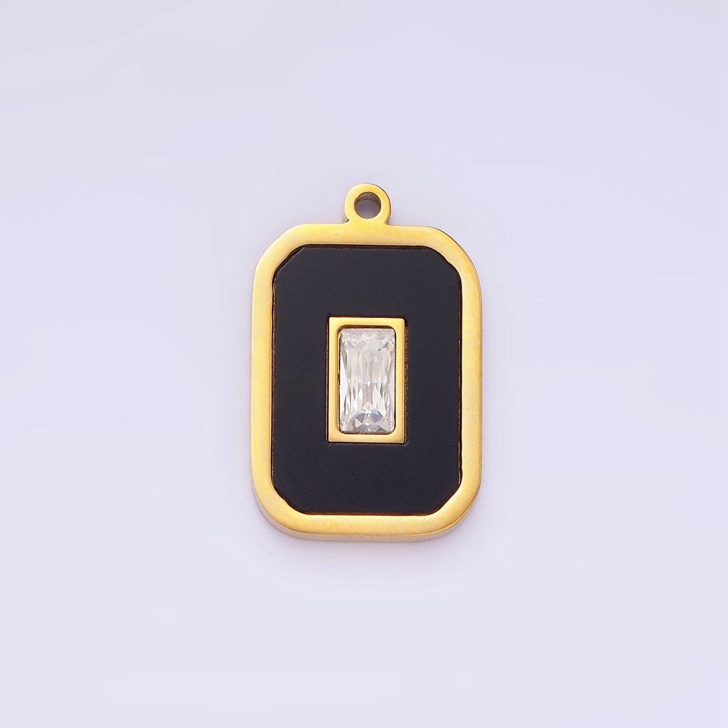 Stainless steel clear cz baguette black tag charm | p-970