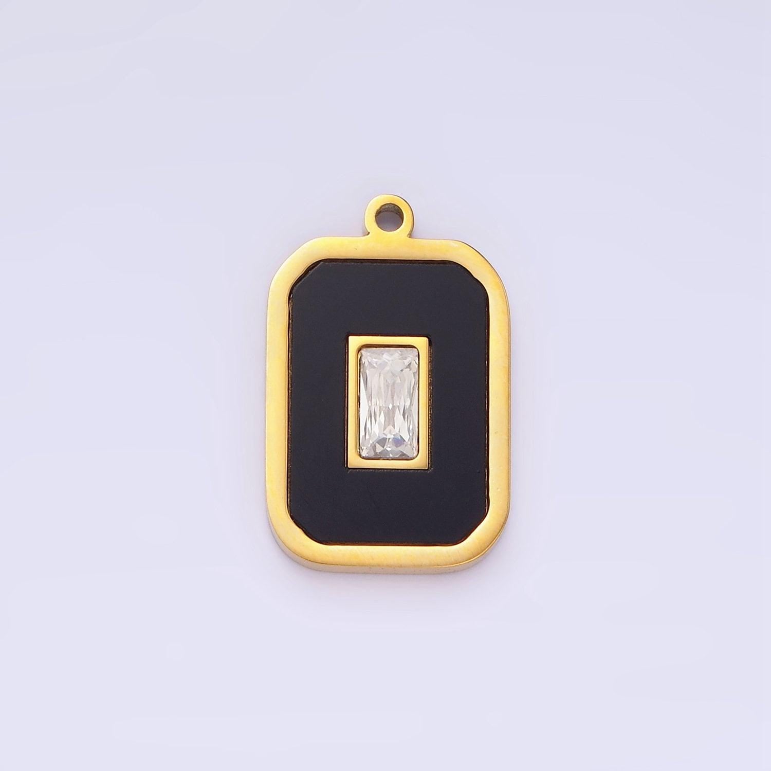 Stainless steel clear cz baguette black tag charm | p-970