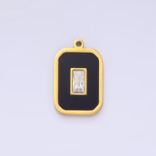 Stainless steel clear cz baguette black tag charm | p-970