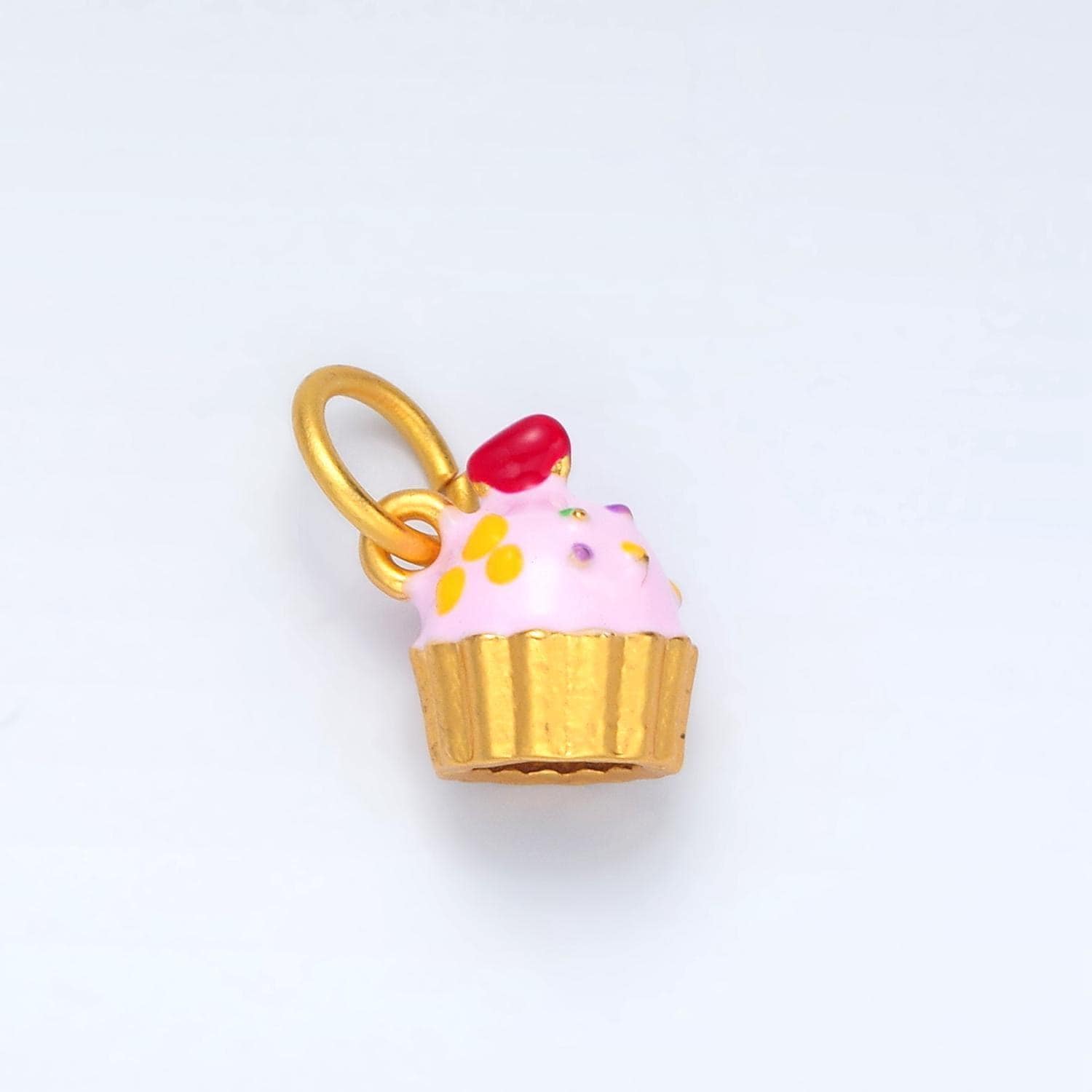 24k gold filled pink, sprinkled cover cupcake w/ cherry on top kids enamel charms | ag-922