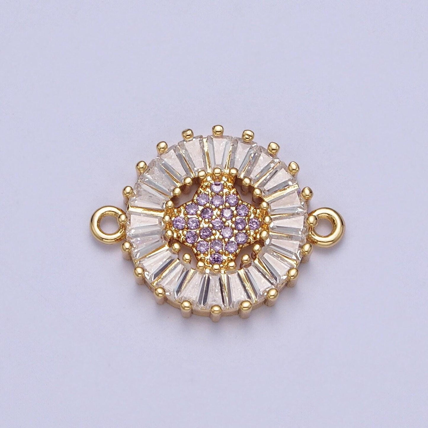 24k gold filled micro pave 4-point star diamond center link connector, baguette stone bracelet connector, round sunburst link connector
