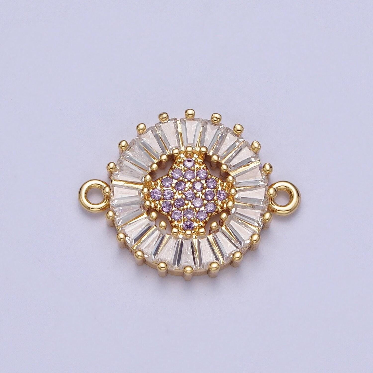 24k gold filled micro pave 4-point star diamond center link connector, baguette stone bracelet connector, round sunburst link connector