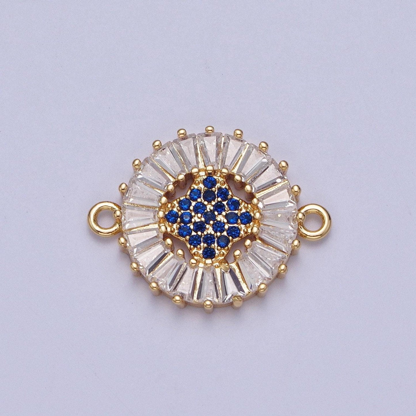 24k gold filled micro pave 4-point star diamond center link connector, baguette stone bracelet connector, round sunburst link connector