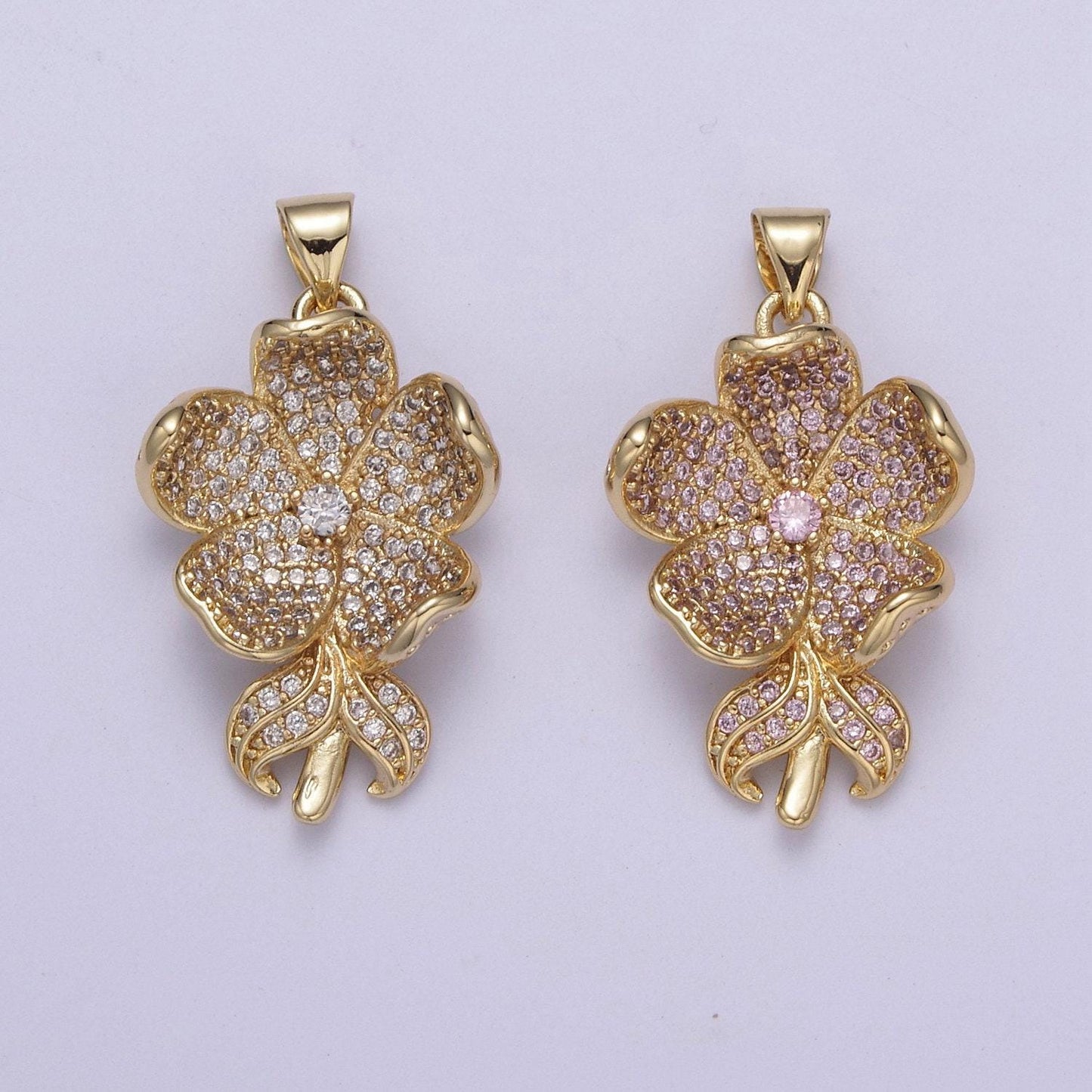 Dainty clear / pink five flower petal pendant for necklace in 24k gold filled h-250 / h-254