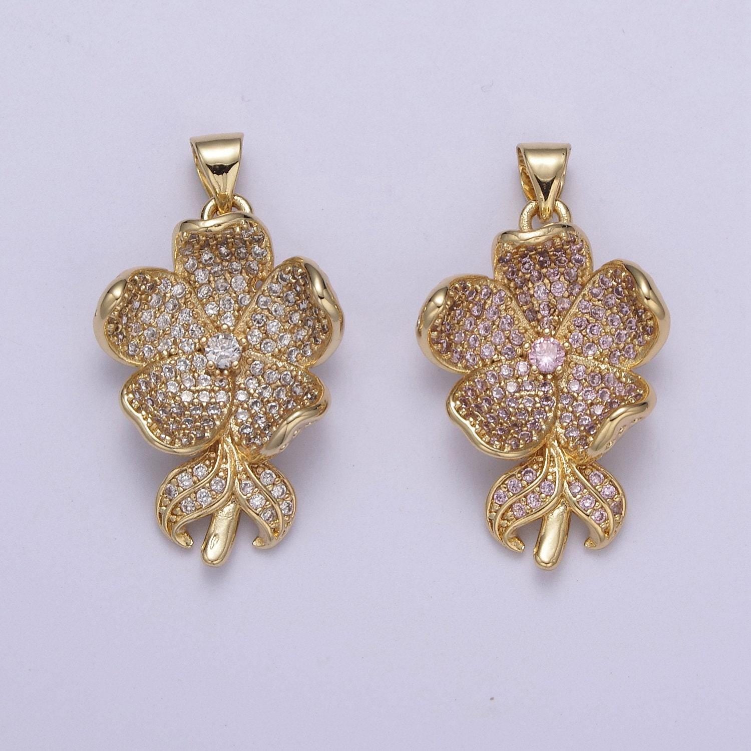 Dainty clear / pink five flower petal pendant for necklace in 24k gold filled h-250 / h-254