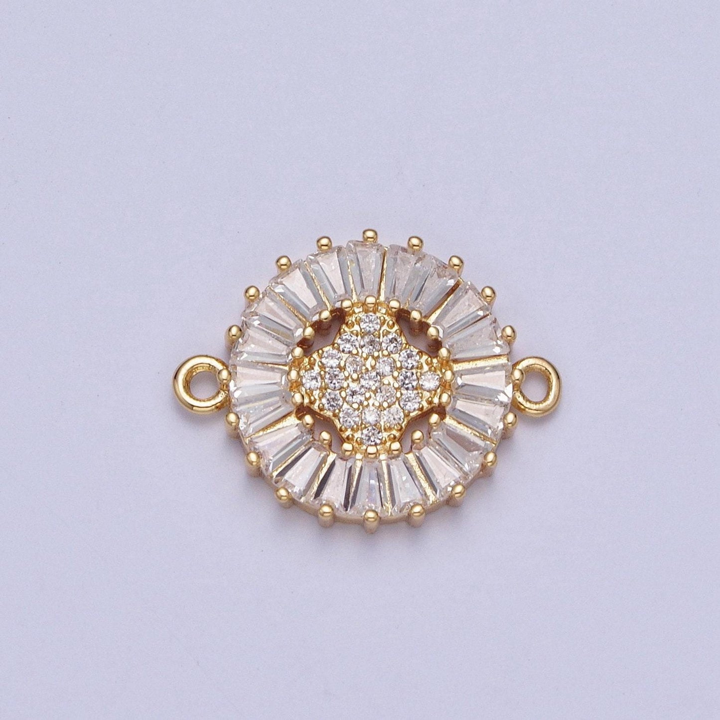 24k gold filled micro pave 4-point star diamond center link connector, baguette stone bracelet connector, round sunburst link connector