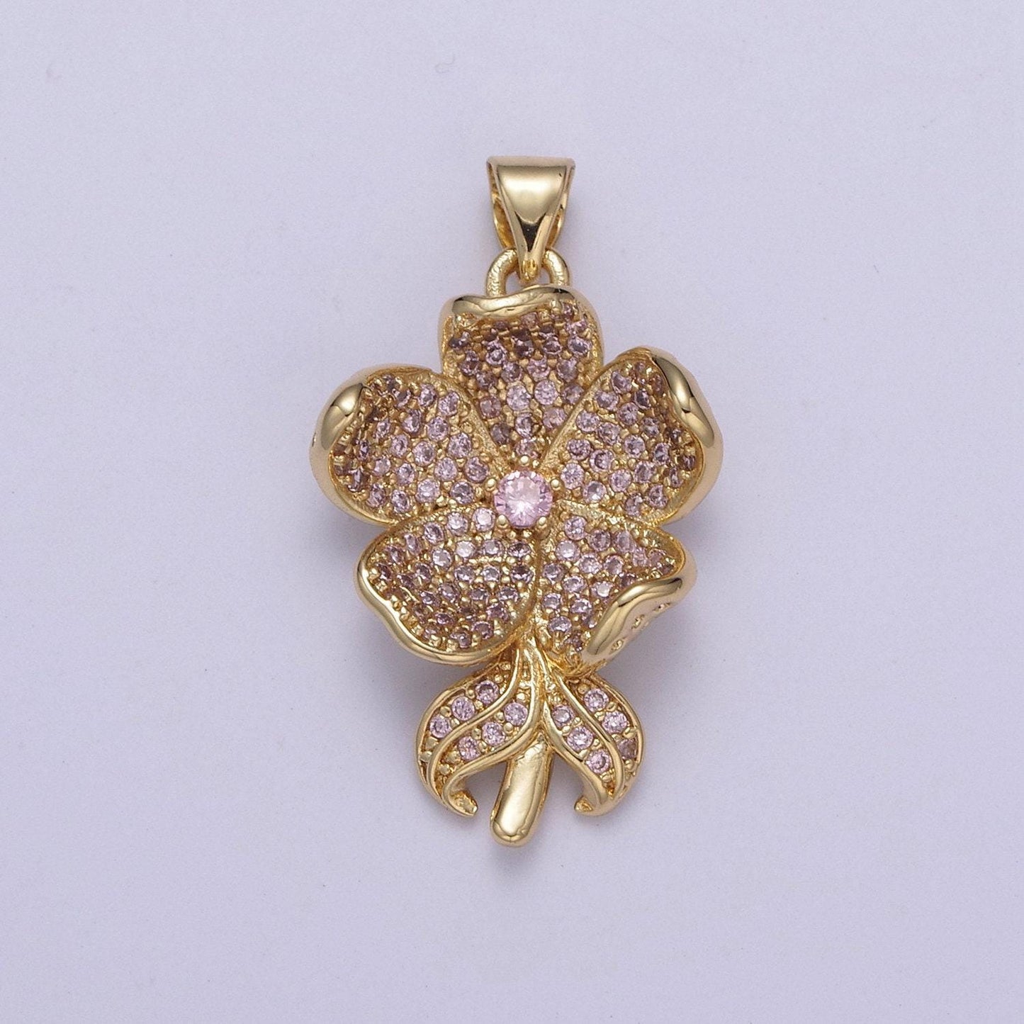 Dainty clear / pink five flower petal pendant for necklace in 24k gold filled h-250 / h-254