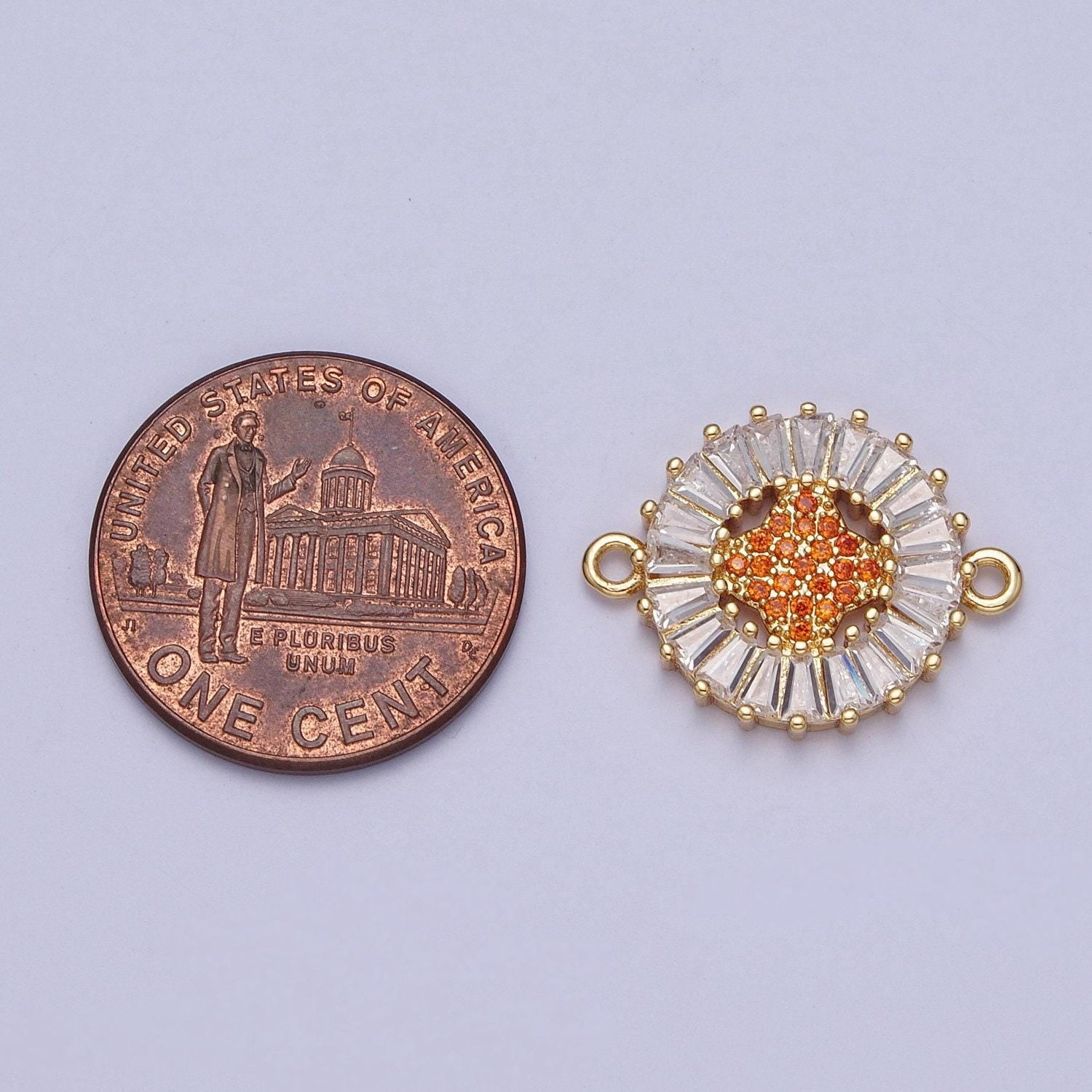 24k gold filled micro pave 4-point star diamond center link connector, baguette stone bracelet connector, round sunburst link connector
