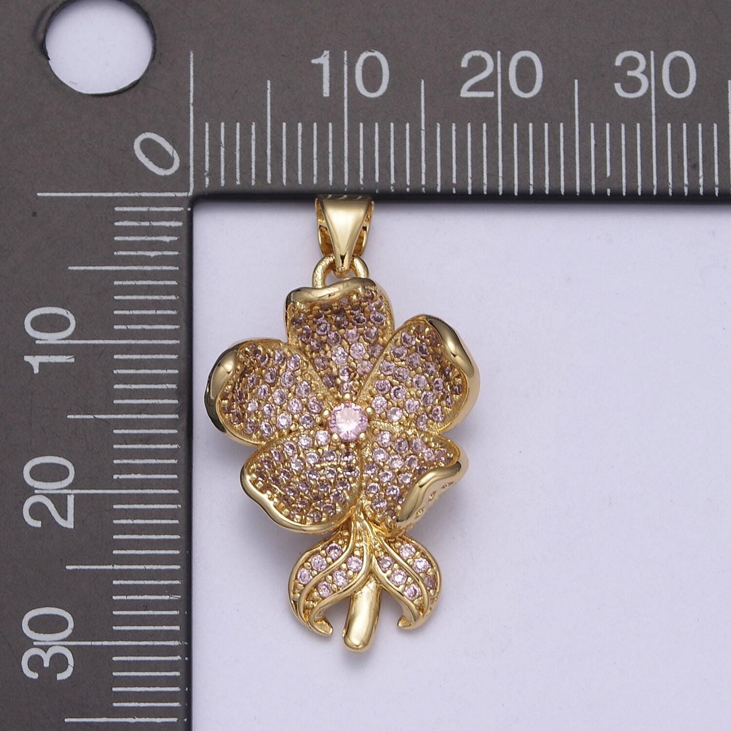 Dainty clear / pink five flower petal pendant for necklace in 24k gold filled h-250 / h-254